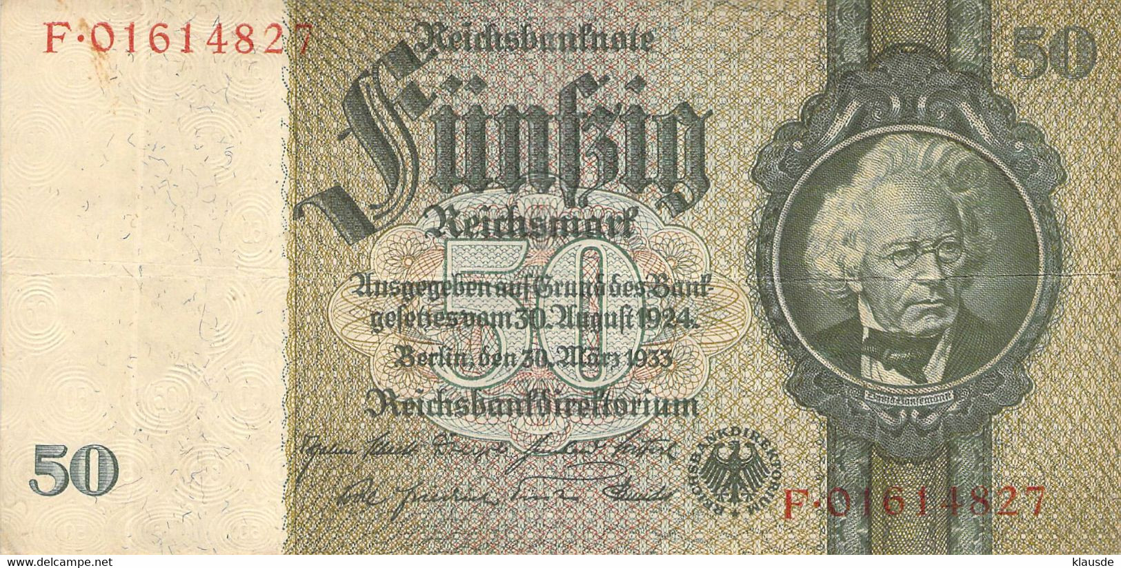 50 Reichsmark Reichsbanknote Berlin, 30.März 1933 Ro.175d Kriegsdruck - 20 Reichsmark