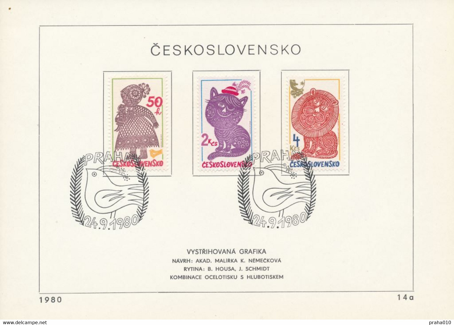 Czechoslovakia / First Day Sheet (1980/14a) Praha: Cutting Graphics (Girl With A Doll In Folk Costume, Cat, Lion & Moon) - Andere & Zonder Classificatie