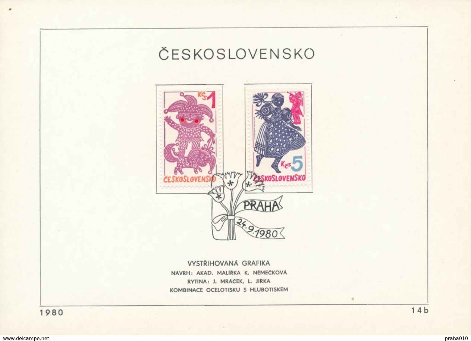 Czechoslovakia / First Day Sheet (1980/14b) Praha: Cutting Graphics (Punch And Dog, Girl In Folk Costume And Bugler) - Marionetas