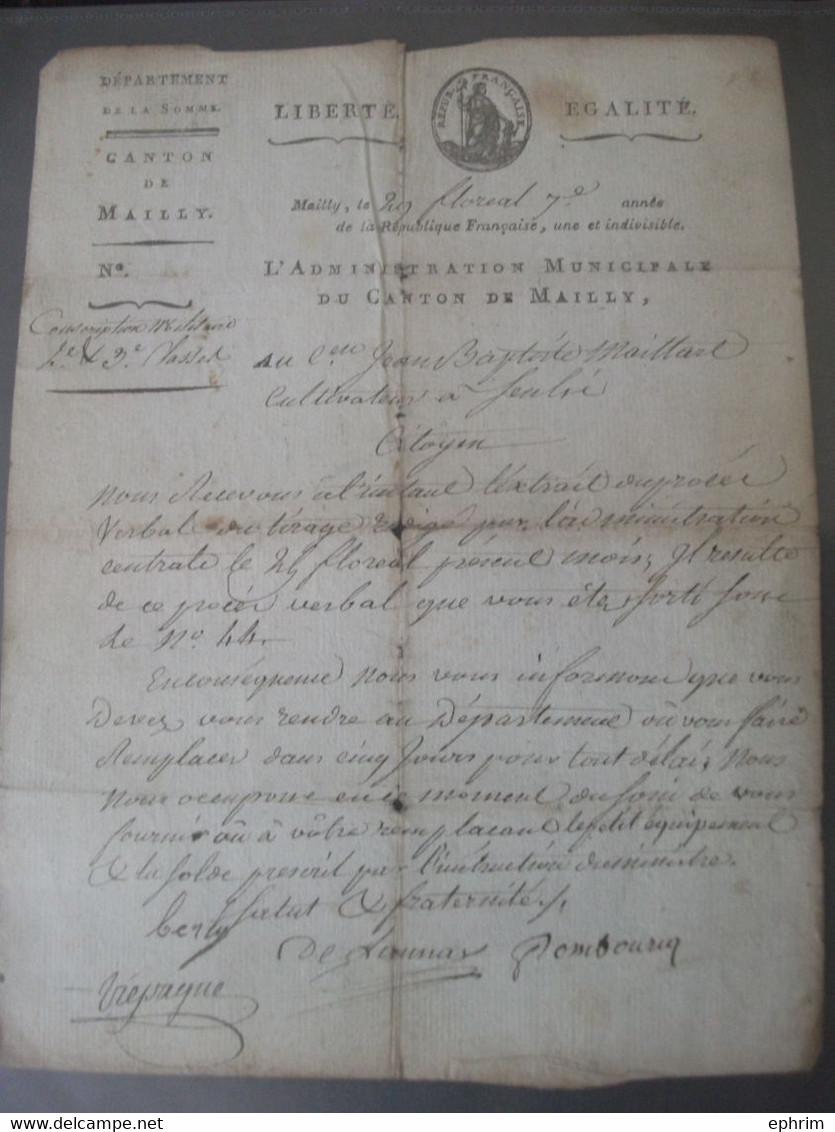 Document Révolution Française Conscription Militaire 2e Et 3e Classe Canton De Mailly-Maillet Somme Maillart Delaunay - Documentos