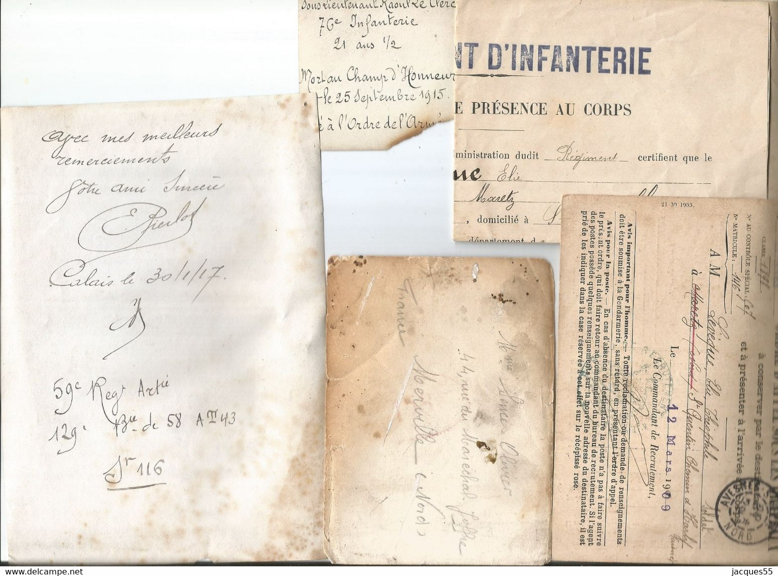 Lot De Papiers Et Photos De Soldats De Calais-mervilles Soldat Tué Le 25-09-1915-rare - Documents