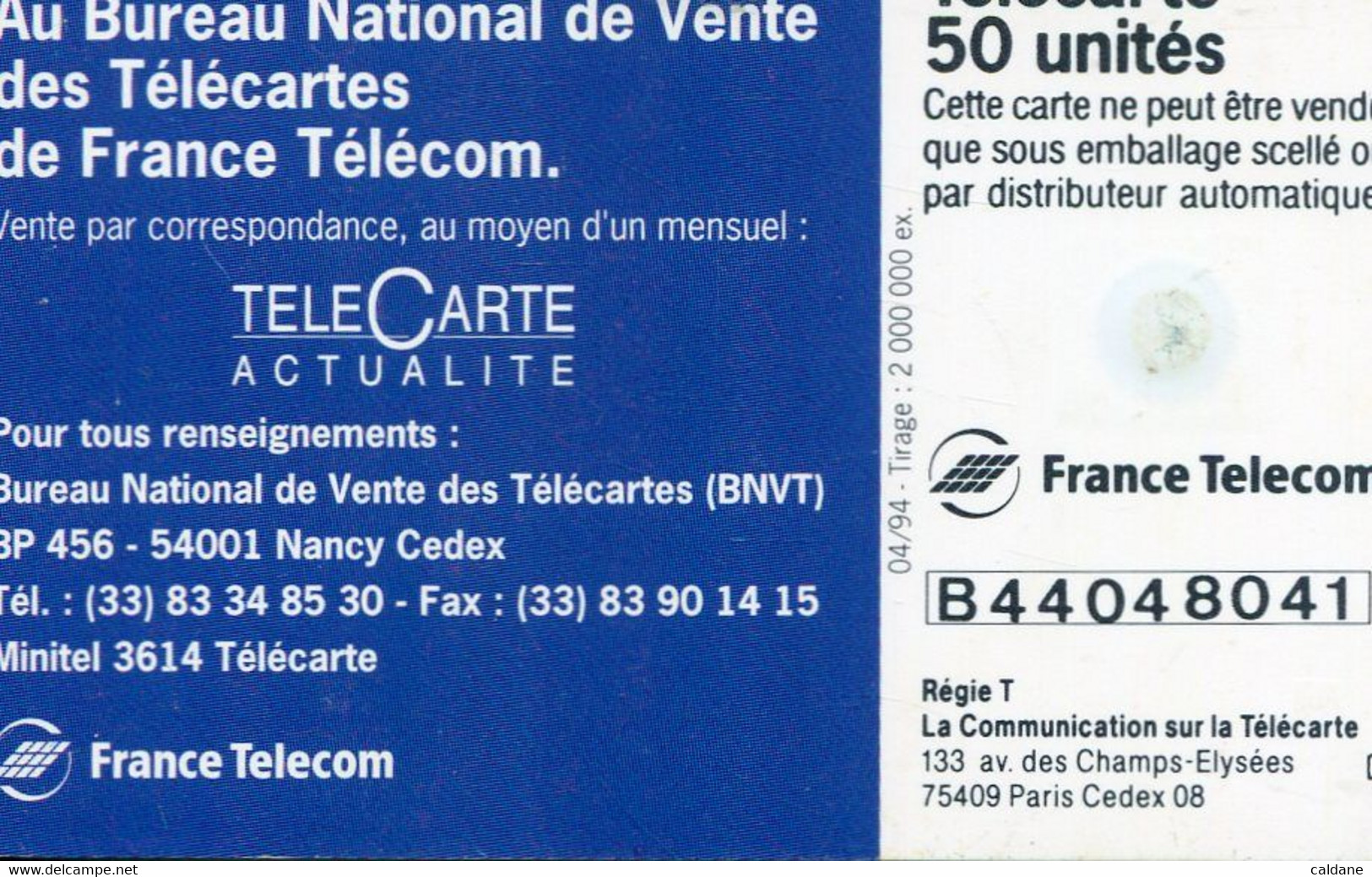 TELECARTE  France Telecom  50  UNITES.         2..000.000.  EX - Telecom Operators