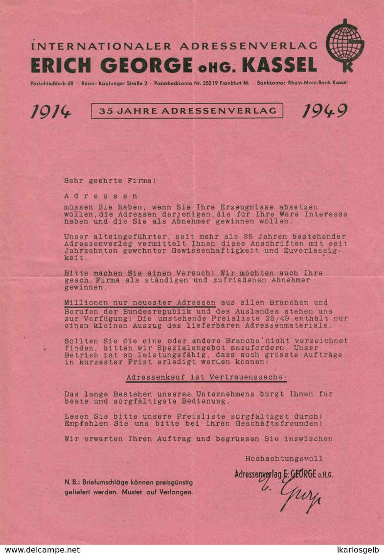 KASSEL Hessen Rechnung Preisliste 1949 " Erich GEORGE OHG Adressenverlag " - Druck & Papierwaren