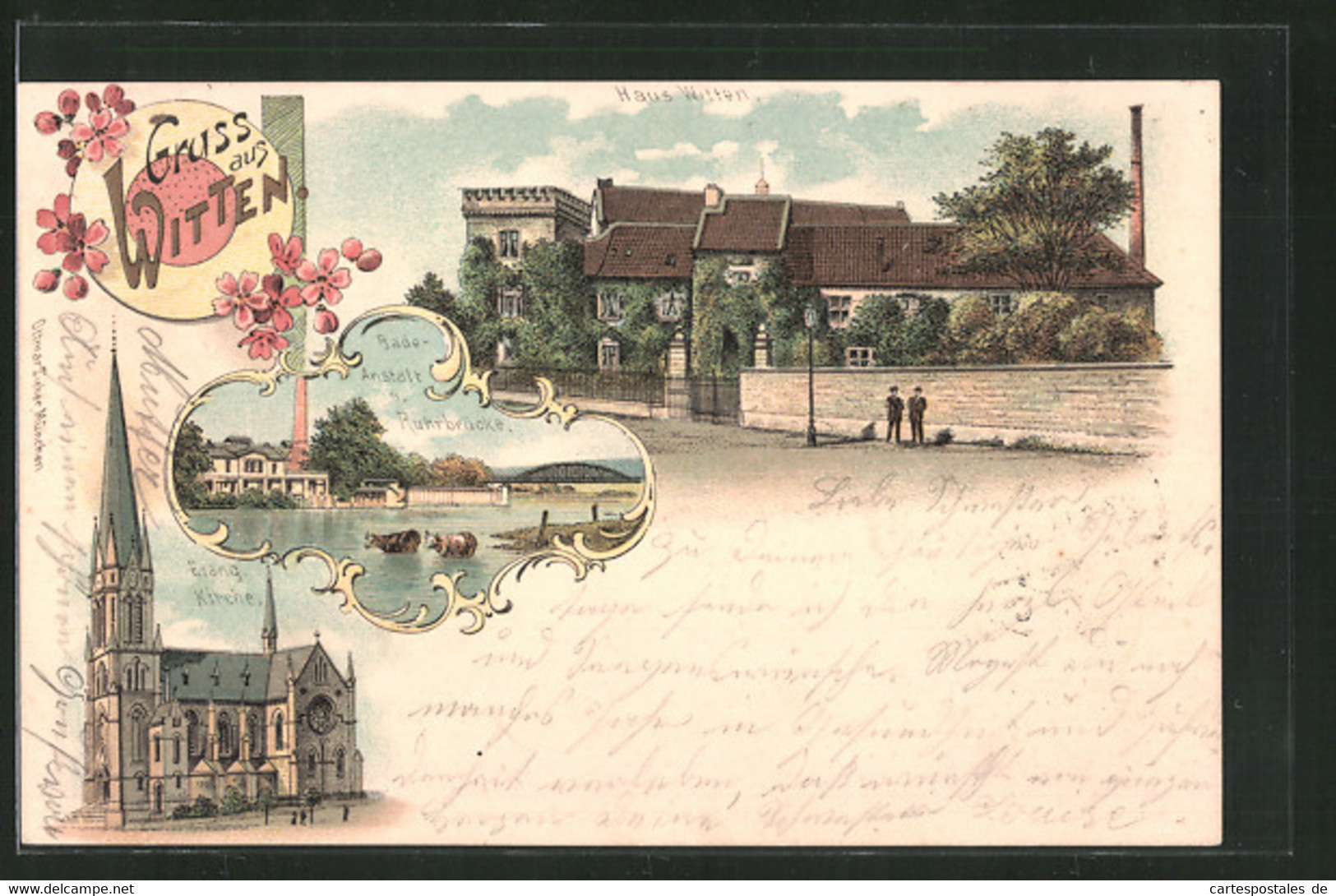 Lithographie Witten, Haus Witten, Badeanstalt U. Ruhrbrücke - Witten