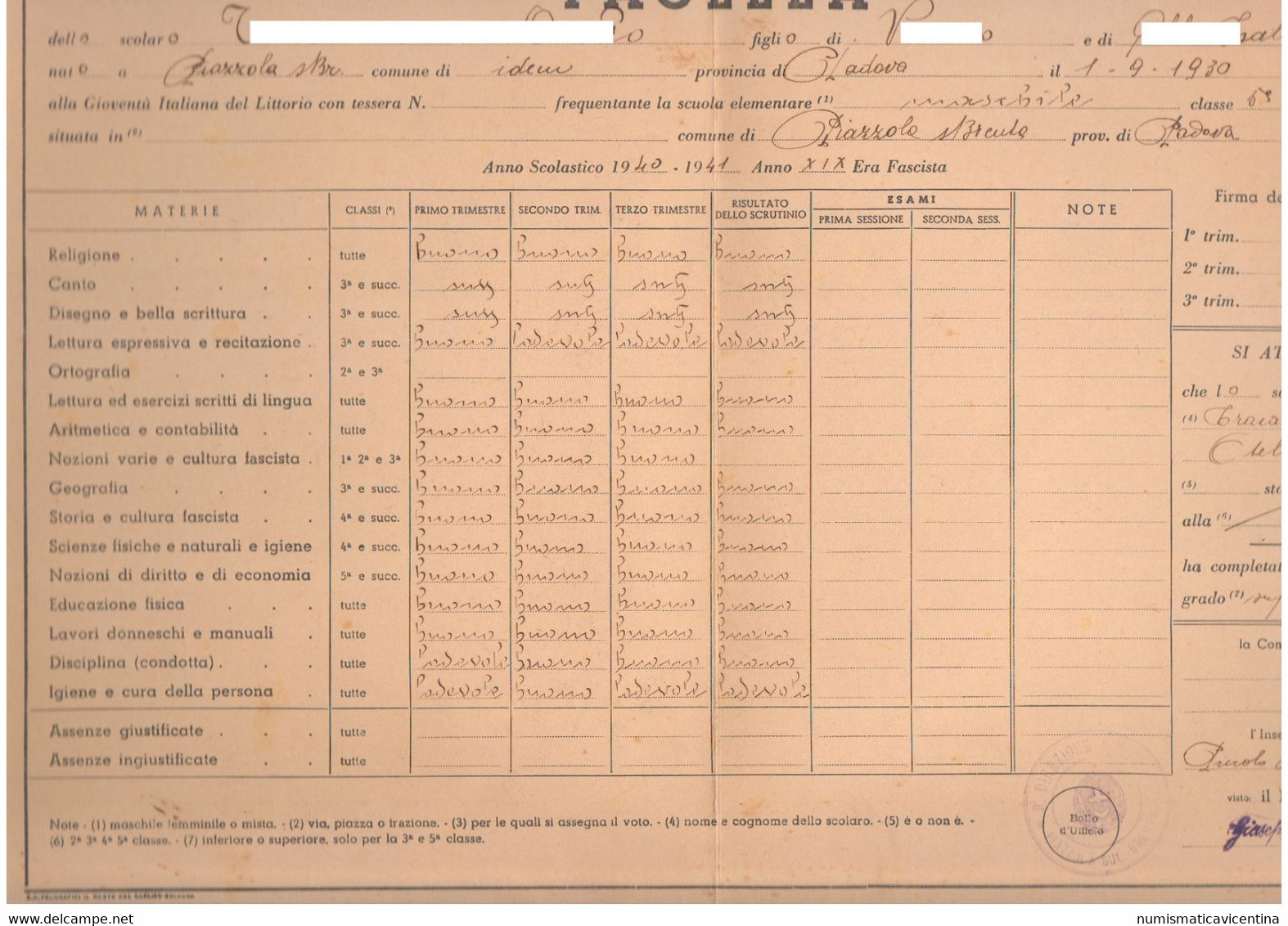 Pagella Scuola Di Piazzola Sul Brenta Padova Anno XIX° O 1941 In Buono Stato Ventennio - Diploma & School Reports