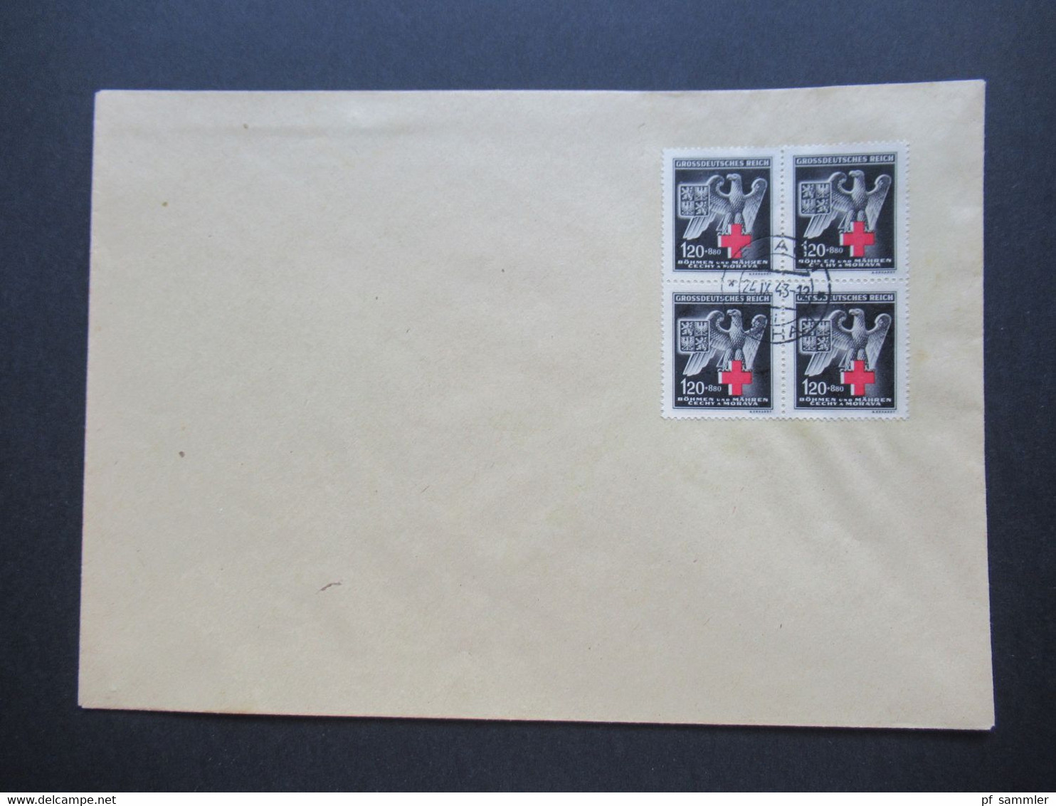 Böhmen Und Mähren 1943 Rotes Kreuz Michel Nr. 132 Als Viererblock Auf Einem Blanko Beleg Mit Großem Farbfleck!! - Storia Postale