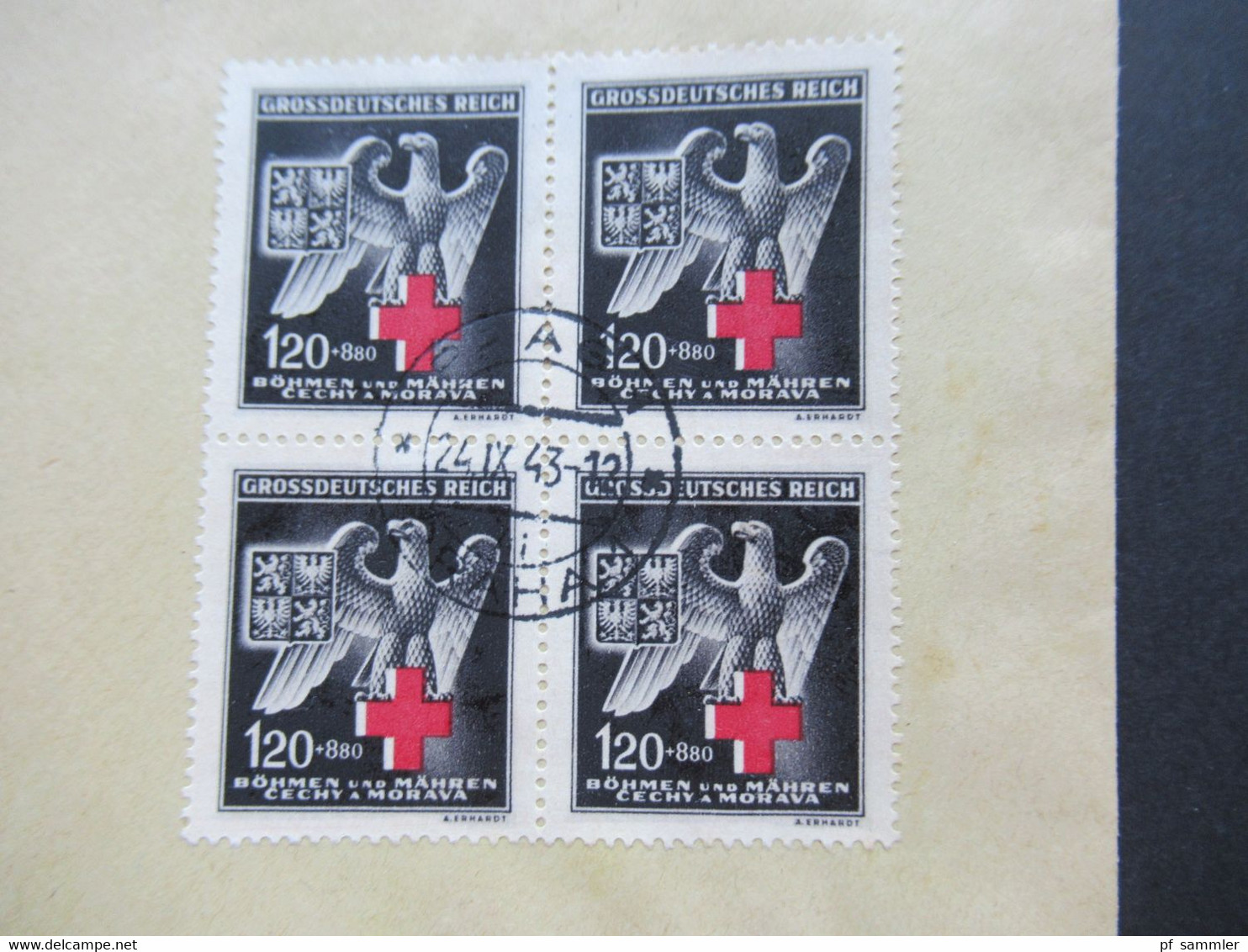 Böhmen Und Mähren 1943 Rotes Kreuz Michel Nr. 132 Als Viererblock Auf Einem Blanko Beleg Mit Großem Farbfleck!! - Lettres & Documents