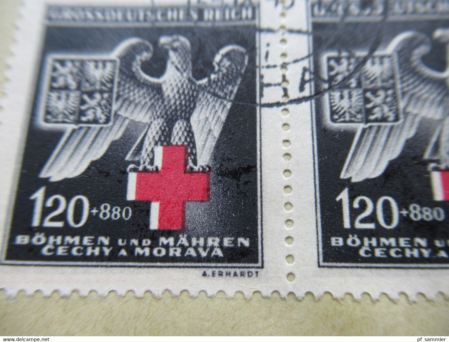 Böhmen Und Mähren 1943 Rotes Kreuz Michel Nr. 132 Als Viererblock Auf Einem Blanko Beleg Mit Großem Farbfleck!! - Lettres & Documents