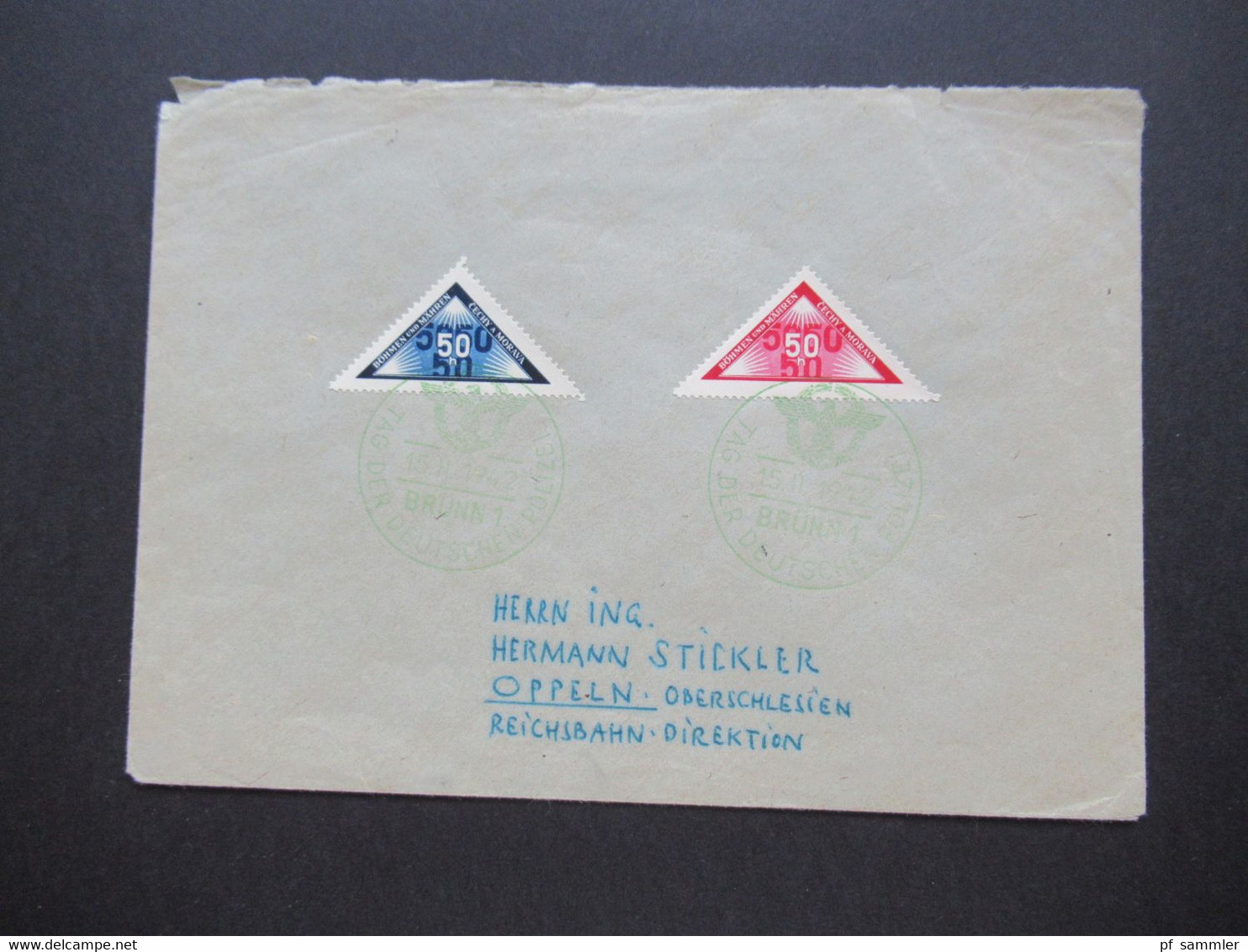 BuM 1942 Zustellungsmarke Dreieckmarke Nr. 52 Und Portomarke Nr. 15 Mit Grünem SST Brünn 1 Tag Der Deutschen Polizei - Storia Postale