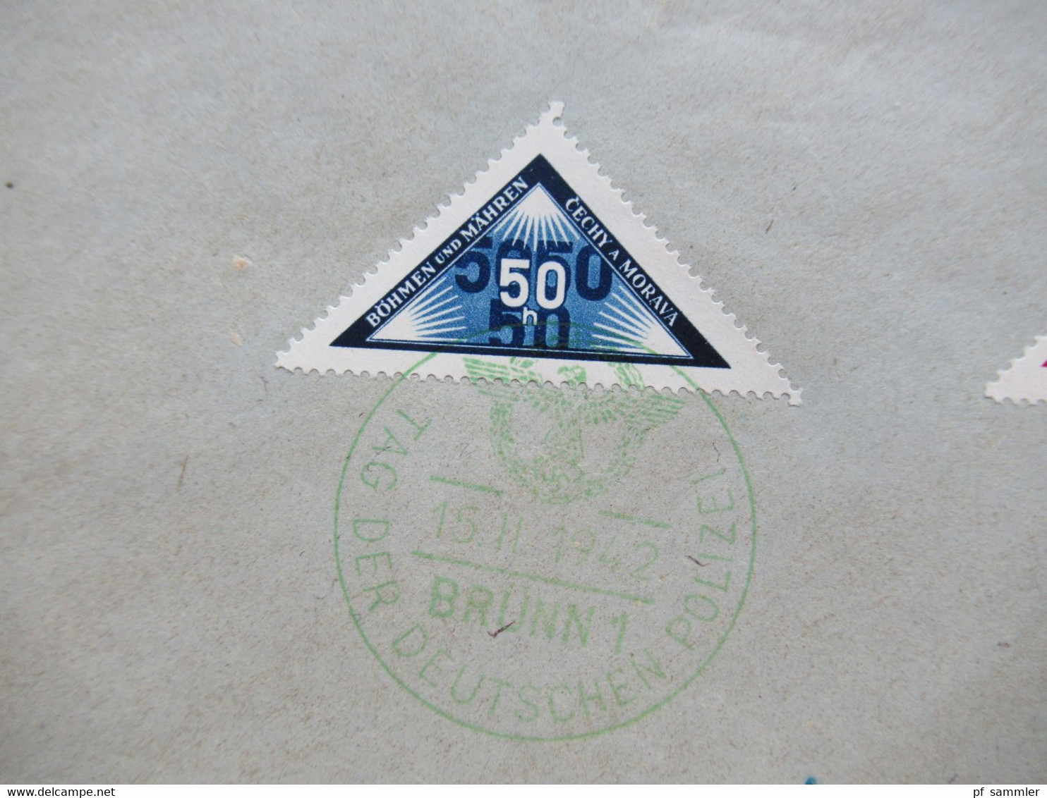 BuM 1942 Zustellungsmarke Dreieckmarke Nr. 52 Und Portomarke Nr. 15 Mit Grünem SST Brünn 1 Tag Der Deutschen Polizei - Briefe U. Dokumente