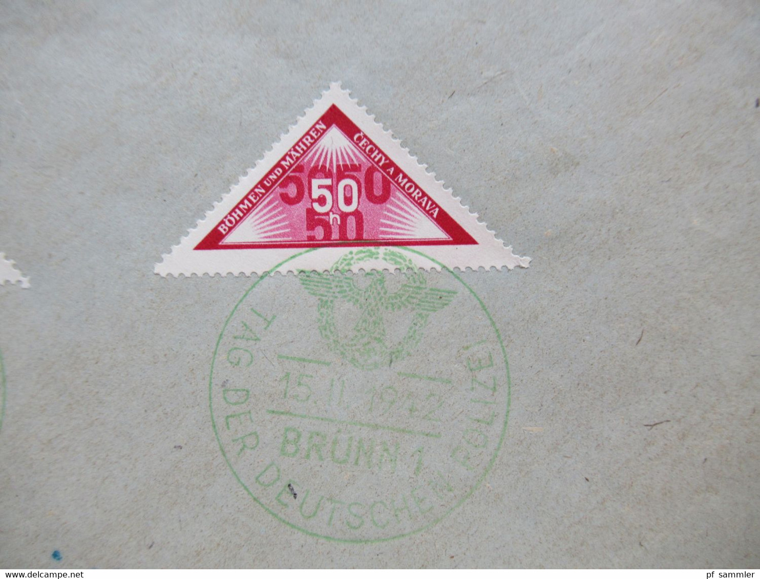 BuM 1942 Zustellungsmarke Dreieckmarke Nr. 52 Und Portomarke Nr. 15 Mit Grünem SST Brünn 1 Tag Der Deutschen Polizei - Brieven En Documenten