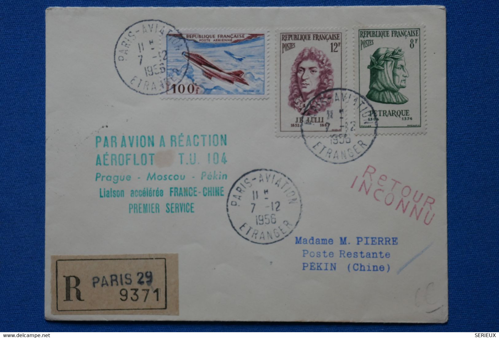 U4 FRANCE CHINA BELLE LETTRE RECOM. 1956 AEROFLOT 1ER VOL A RECTION PARIS POUR PEKIN CHINE+ R. INCONN+ AFFRANC. PLAISANT - 1927-1959 Cartas & Documentos