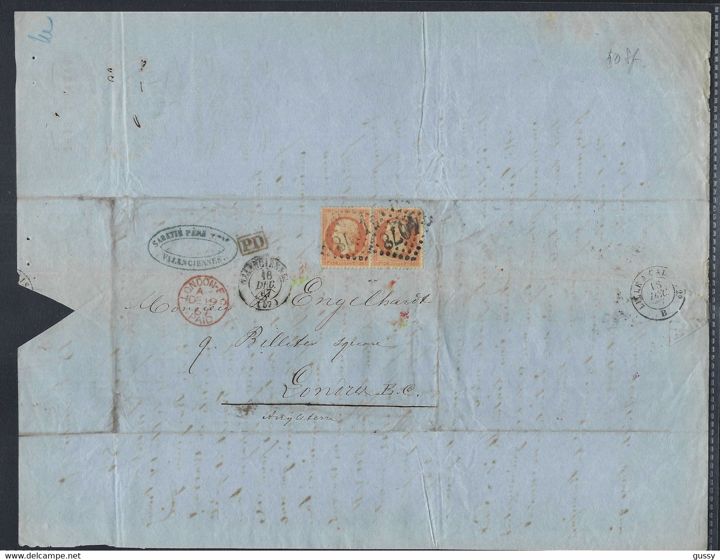 FRANCE 1867:  LAC De Valenciennes Pour Londres Affr. De 80c Avec Paire Du Y&T 23, Obl. GC 4078 - 1862 Napoleon III