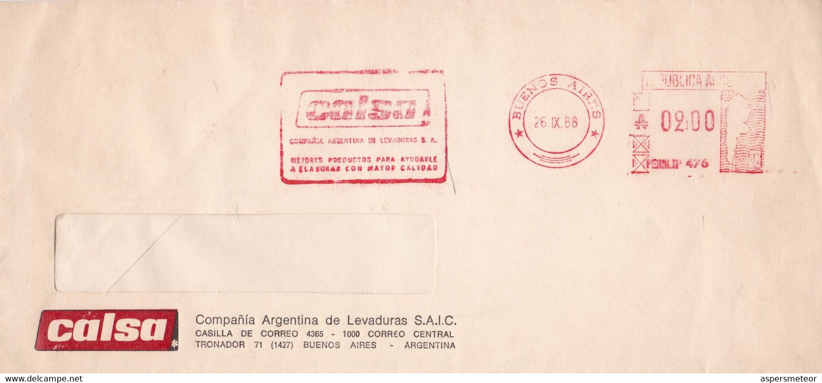 ARGENTINE. CALSA, LEVADURA LEVURE YEAST. ANNEE 1988, MACHINE A AFFRANCHIR. ENVELOPPE CIRCULEE.- LILHU - Usati