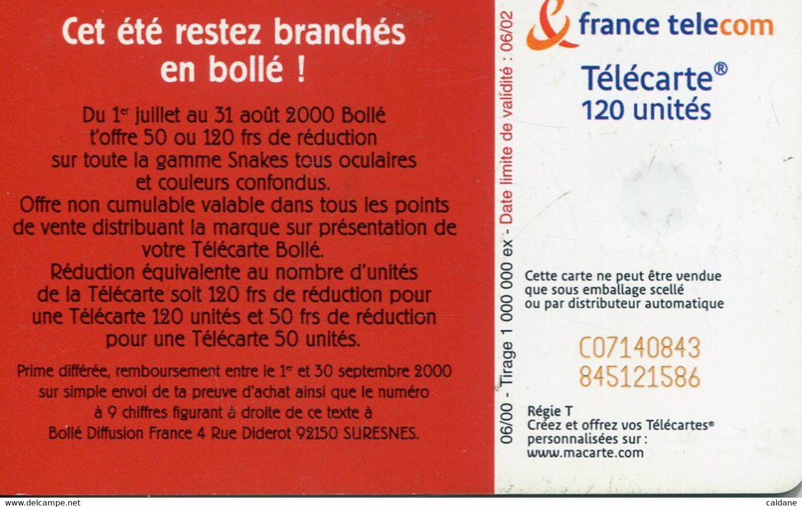 TELECARTE  France Telecom  120  UNITES.      1.000.000.  EX - Operadores De Telecom