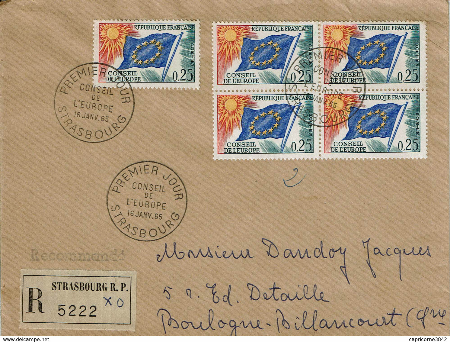 1955 - Lettre Recommandée - Oblitération Manuelle 1er Jour "CONSEIL DE L'EUROPE - STRASBOURG" - 5 Tp N° 29 - Storia Postale