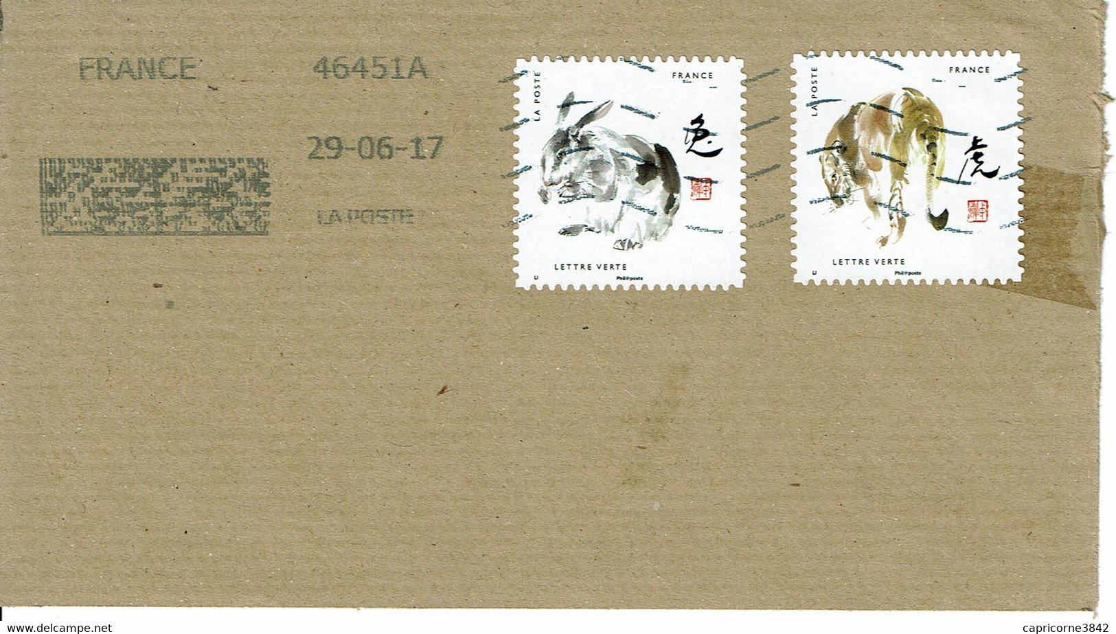 2017 - Timbres Autoadhésifs LE TIGRE N° 1376 + LE LAPIN N° 1377 (sur Fragment) - Cartas & Documentos