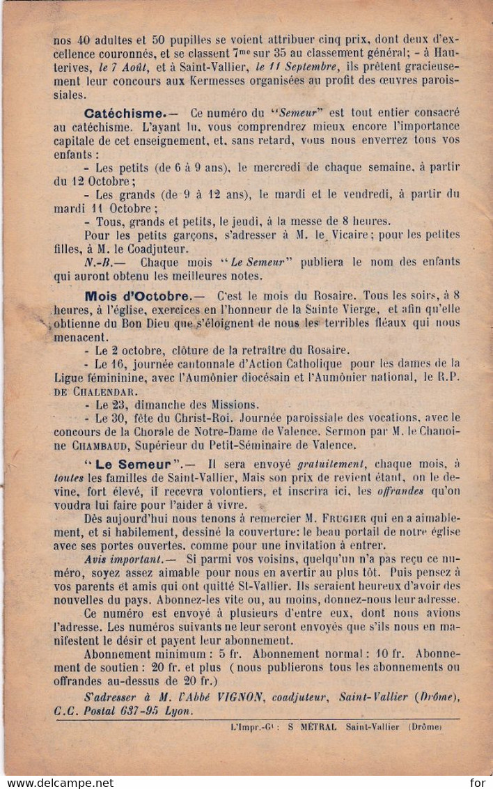 Religion : Le Semeur : Bulletin Paroissial De SAINT VALLIER - Drôme : N°1 - 1938 :  Imp. Métral - Abbé Vignon - Religion