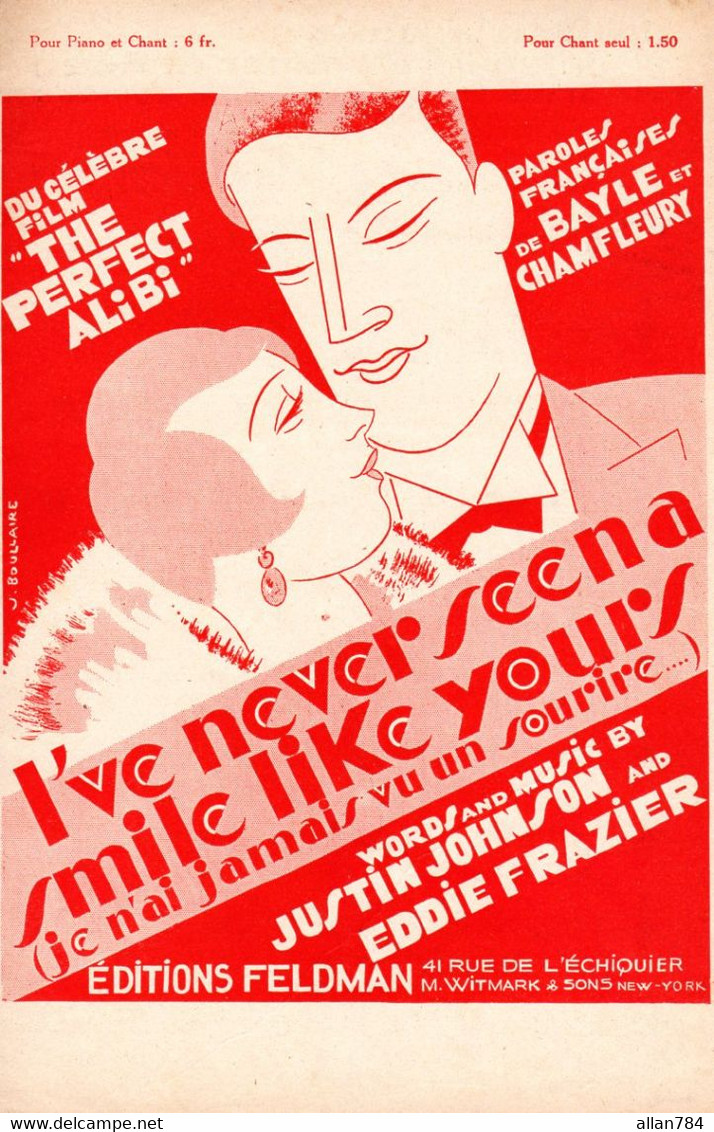 FILM THE PERFECT ALIBI - JE N'AI JAMAIS VU UN SOURIRE - DESSIN ART DECO JACQUES BOULLAIRE - SUPERBE - 1930 - Film Music