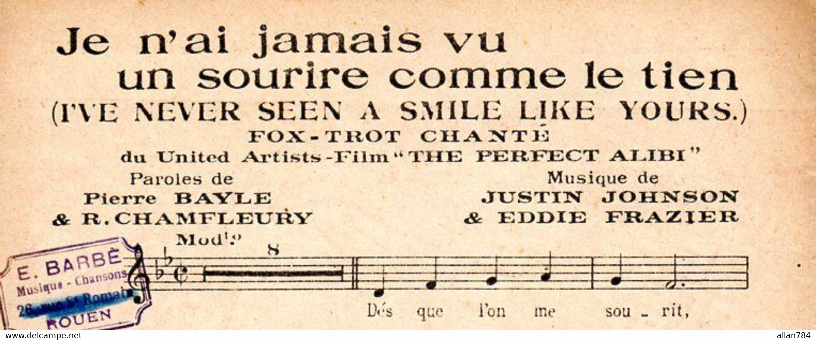 FILM THE PERFECT ALIBI - JE N'AI JAMAIS VU UN SOURIRE - DESSIN ART DECO JACQUES BOULLAIRE - SUPERBE - 1930 - Compositori Di Musica Di Cinema