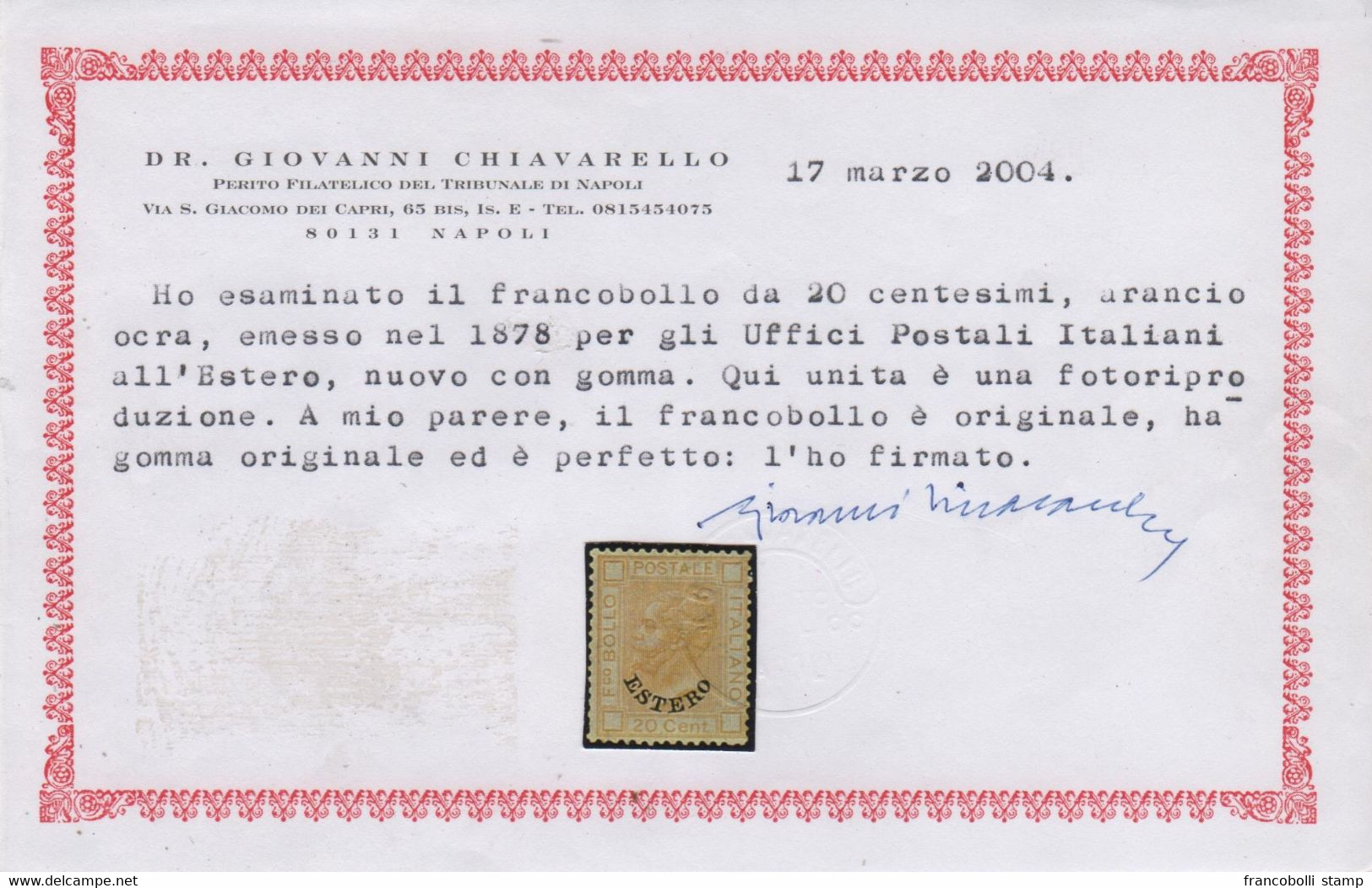 1878 Levante 20 C. Discreta Centratura Certificato  MLH +++ - Emisiones Generales