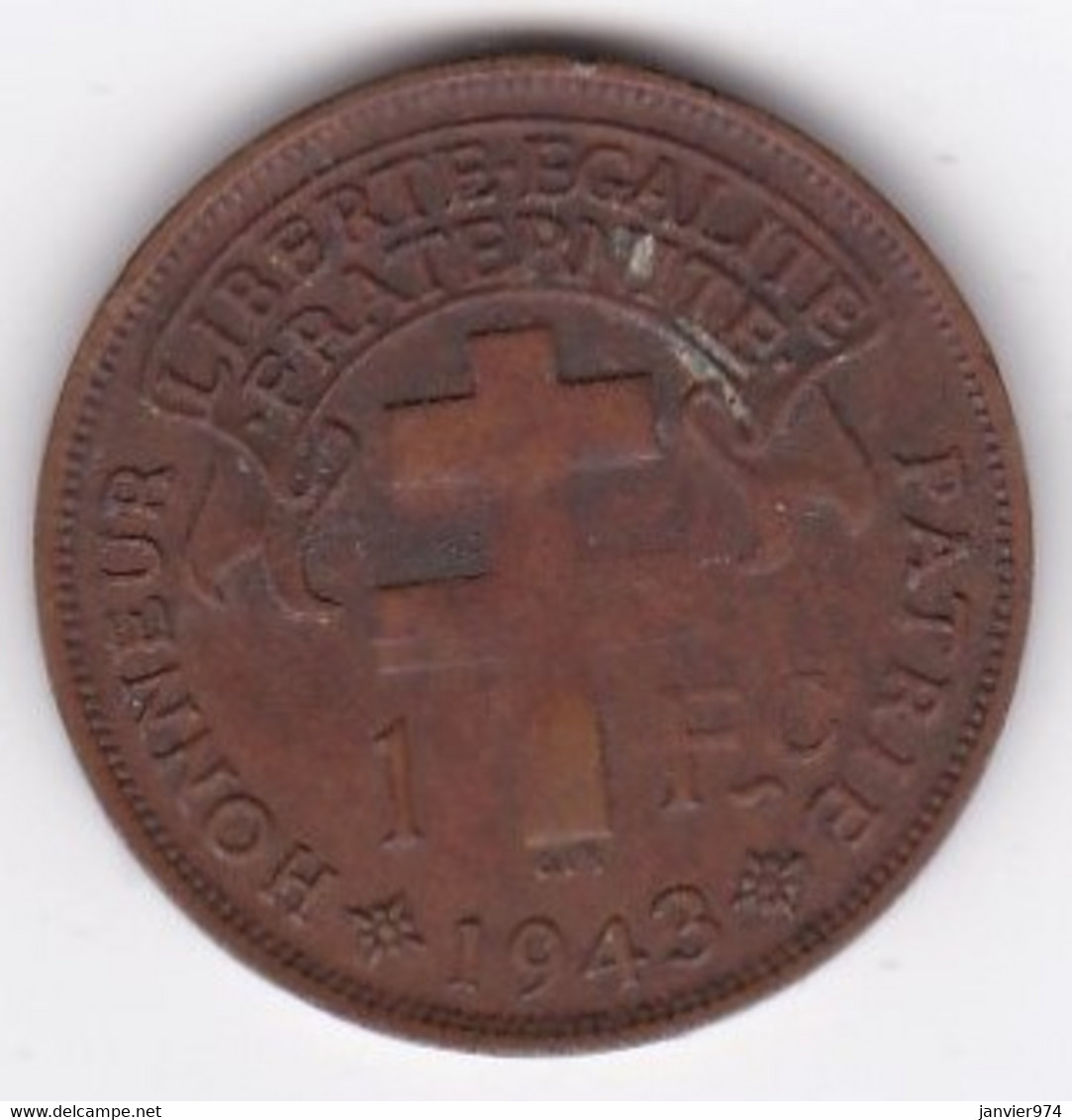 MADAGASCAR. FRANCE LIBRE. 1 Franc 1943. BRONZE, Lec 94 - Madagascar