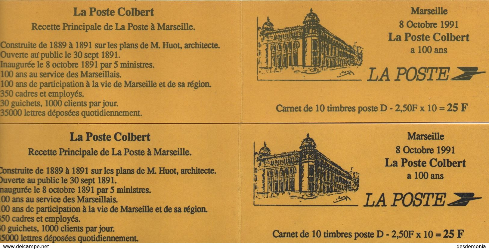 France Maury Carnet 489A/B (Yvert 2712-CP1 & C1) ** Marianne Briat Centenaire De La Poste Colbert à Marseille(la Paire) - Booklets