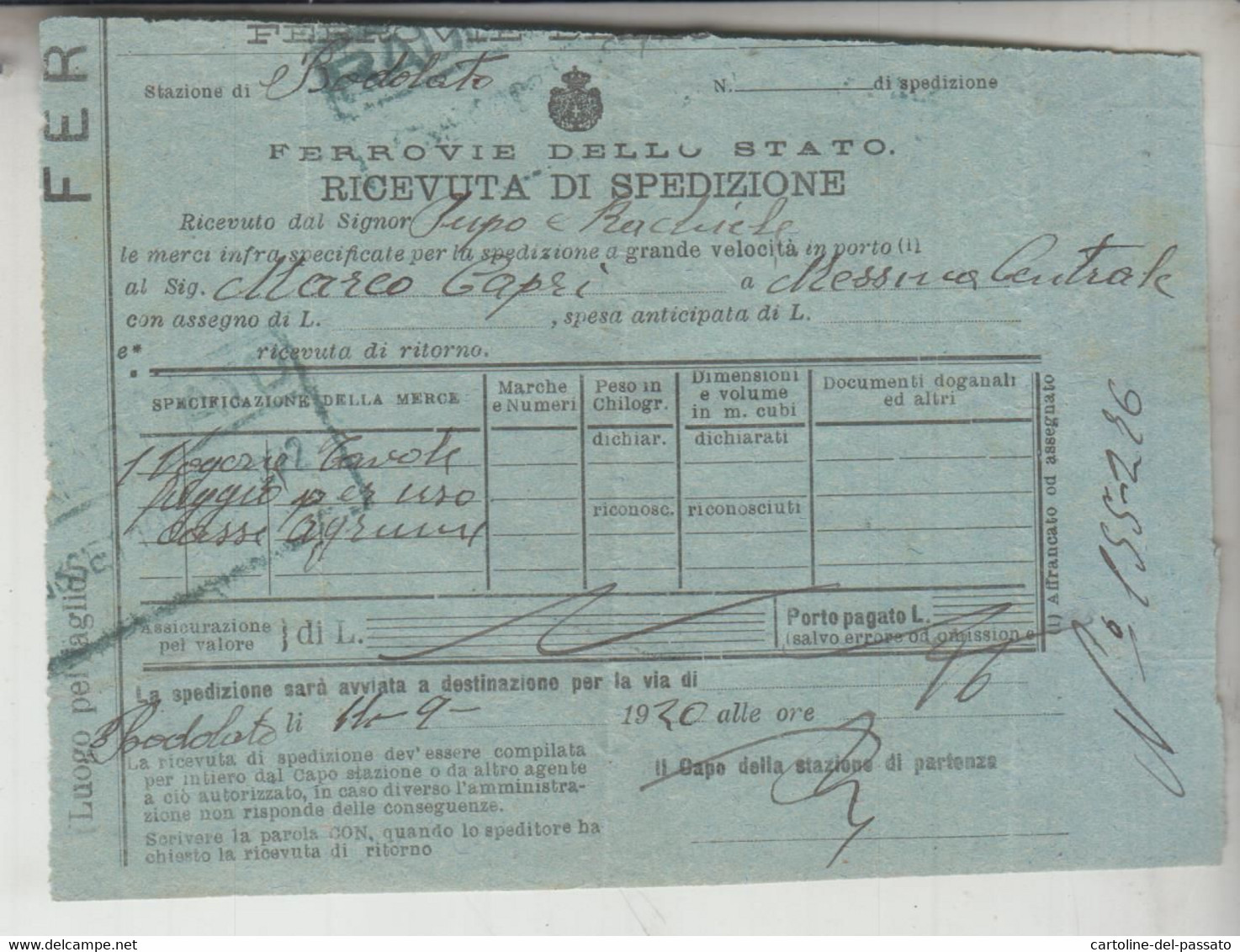 BIGLIETTO TICKET FERROVIE DELLO STATO  DA BADOLATO  CATANZARO A MESSINA  1920 - Europa