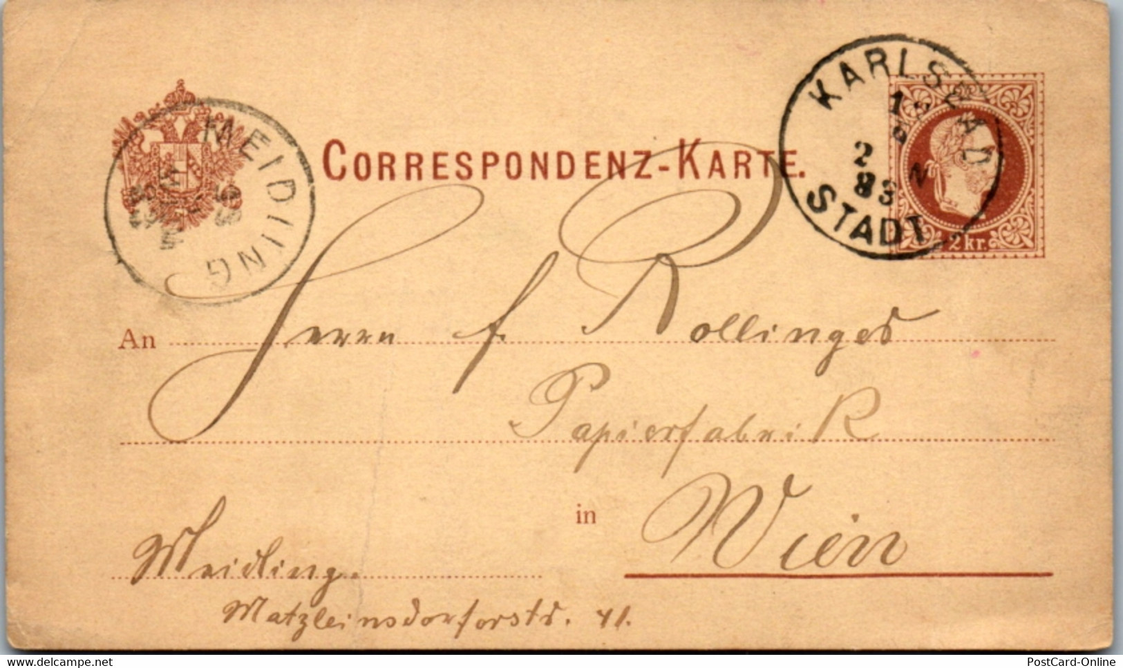 11130 - Tschechische Republik - Ganzsache , Karlsbad - Wien - Gelaufen 1883 - Ohne Zuordnung