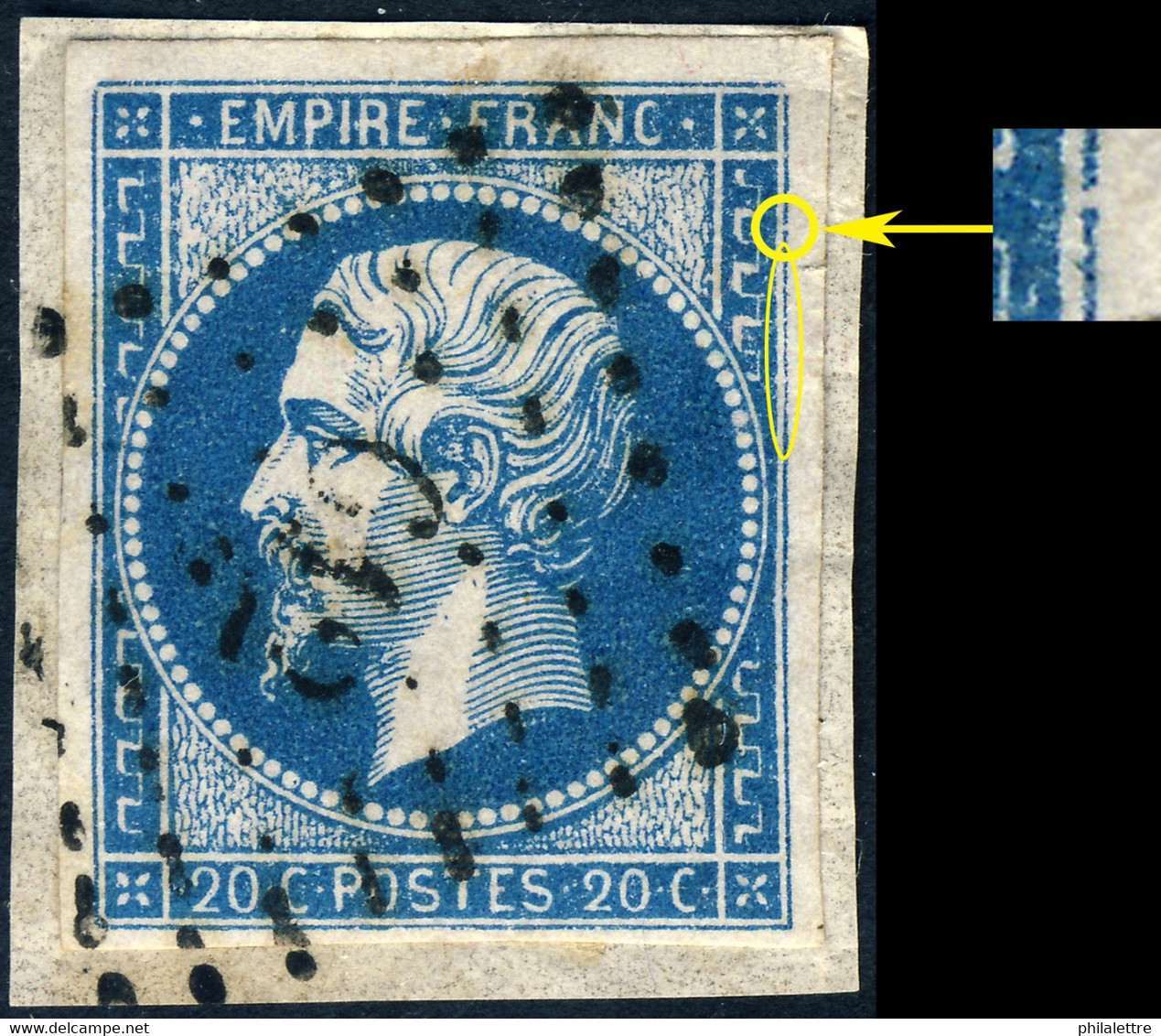 France - Yv.14A 20c Bleu T.1 Oblitéré PC 612 (Carcassonne) Pos. 13G1 (2è état) - TB Sur Petit Fragment - (ref.03w) - 1853-1860 Napoléon III.