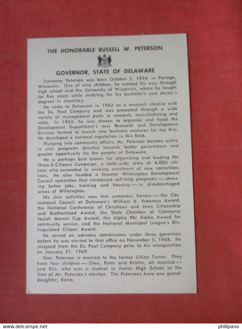 Non Postcard-- Information On Back-- Honorable Russell W. Peterson Governor State Of Delaware      Ref  4955 - Other & Unclassified