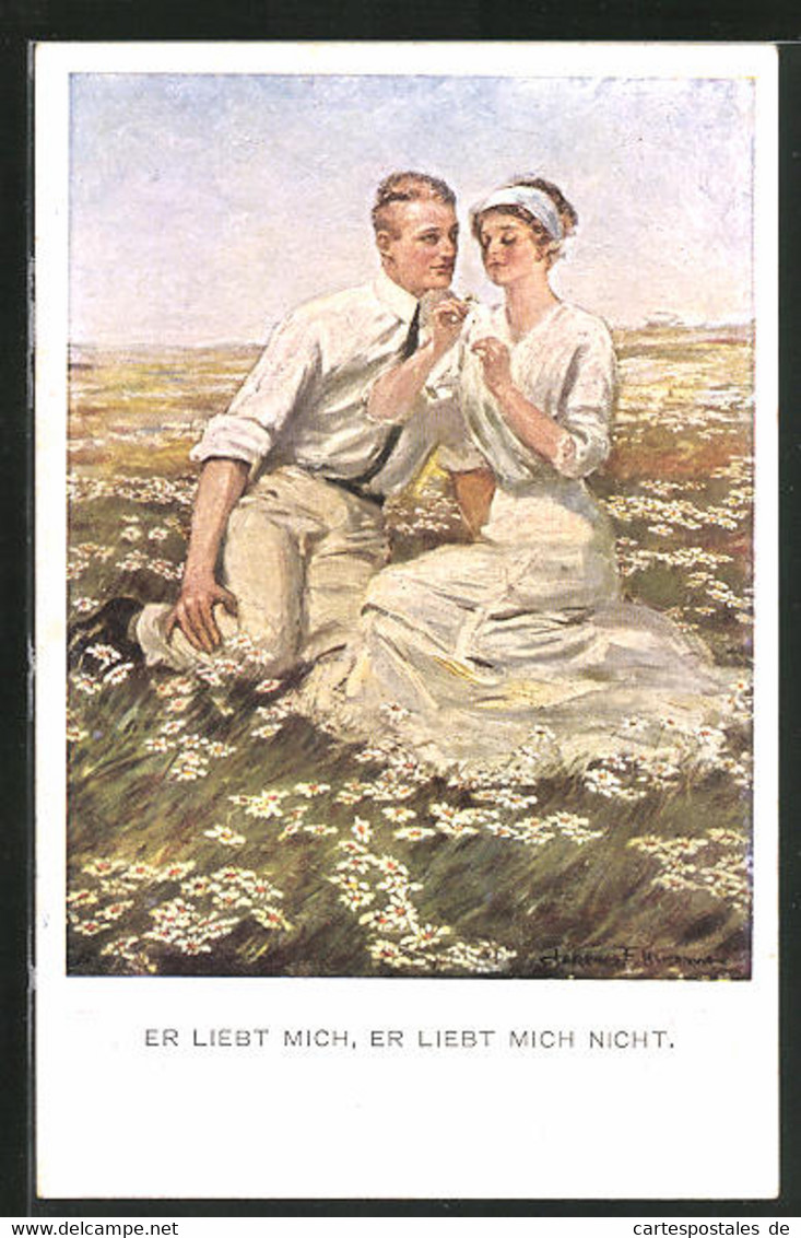 Künstler-AK Clarence F. Underwood: Er Liebt Mich..., Paar Auf Einer Blumenwiese - Underwood, Clarence F.