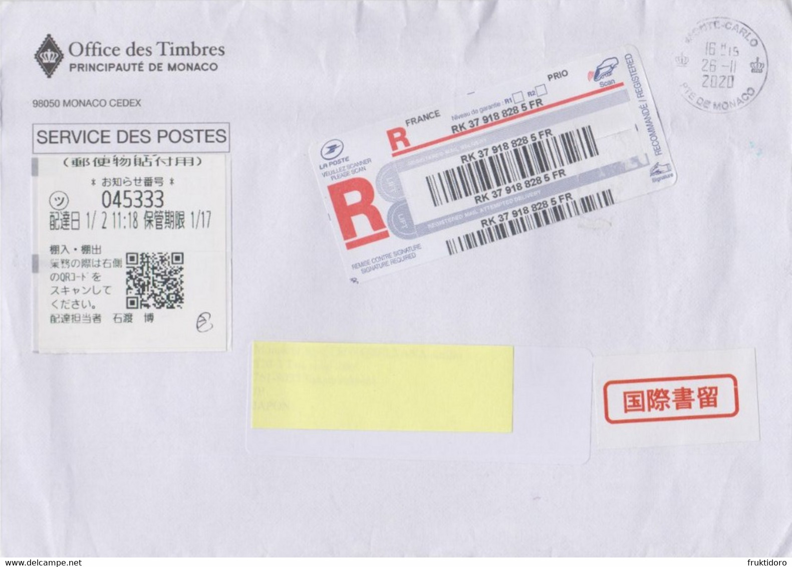 Monaco Registered Letter 2020 Barcode - QR Code - Storia Postale