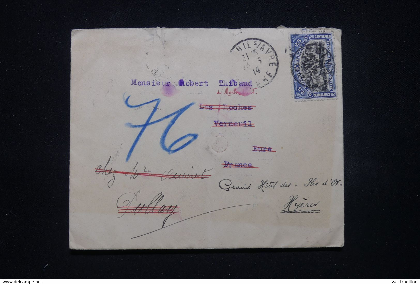 CONGO BELGE - Enveloppe Pour La France En 1914, Oblitération En Bleu De Kinshasa Au Verso - L 99029 - Covers & Documents