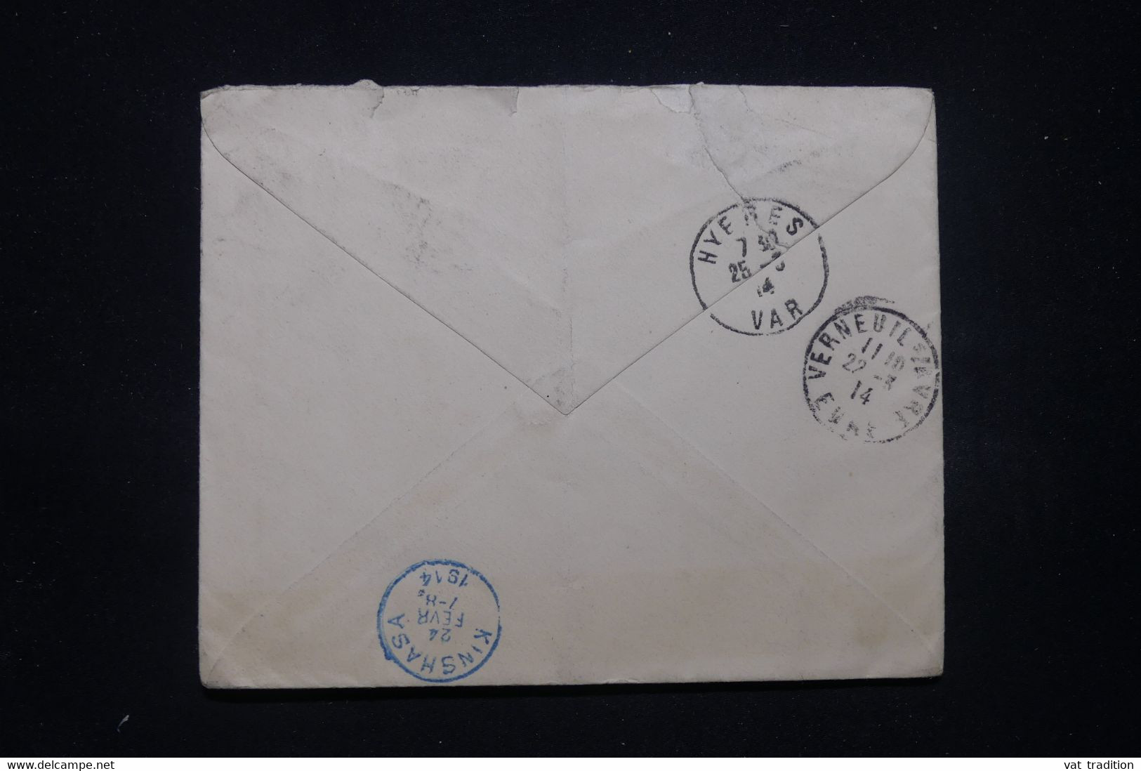 CONGO BELGE - Enveloppe Pour La France En 1914, Oblitération En Bleu De Kinshasa Au Verso - L 99029 - Brieven En Documenten
