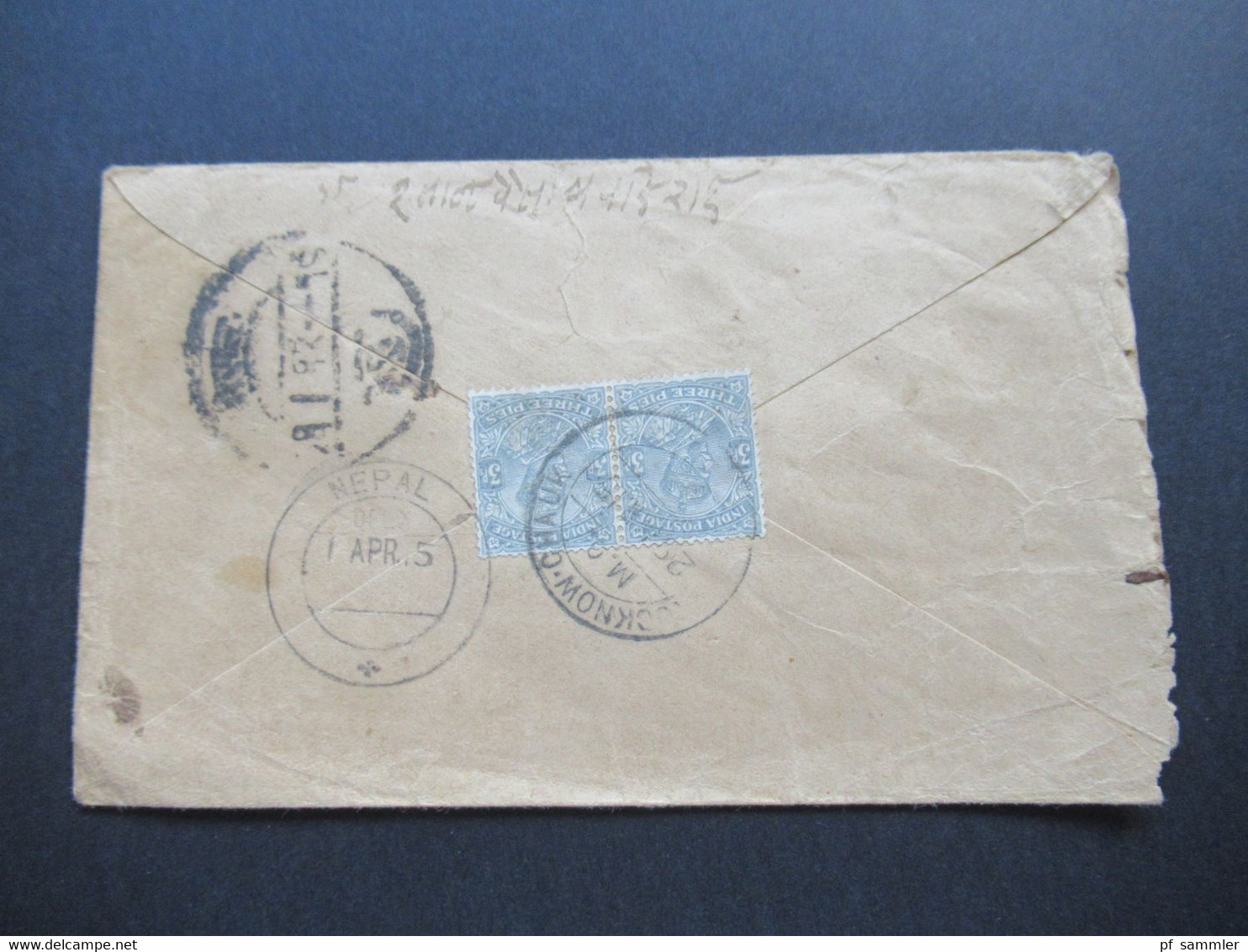 Indien / Nepal Umschlag Nach Nhubohal Nepal 1915 Ank. Stempel Nepal Und 2 Weitere Stempel - Nepal