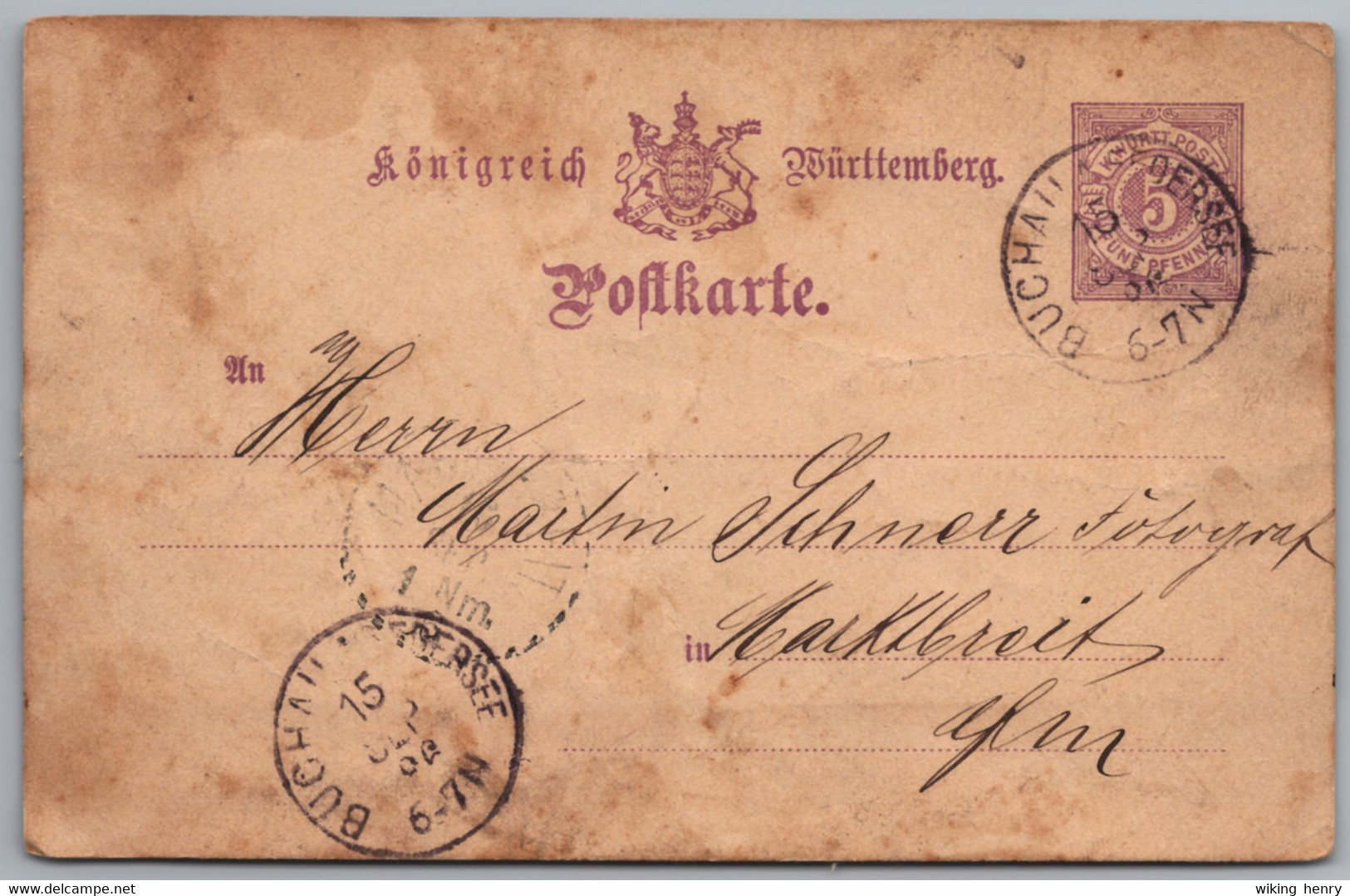 Bad Buchau - Ganzsache 1   Gelaufen 1886 Von Buchau Am Federsee Nach Marktbreit - Bad Buchau