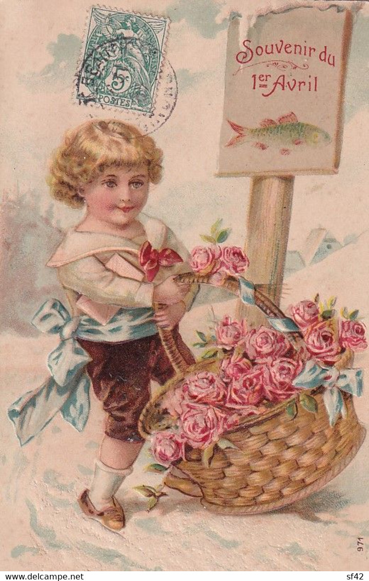 SOUVENIR DU 1 ER AVRIL         ENFANT ET LE PANIER FLEURI        CARTE EN RELIEF - 1 April (aprilvis)