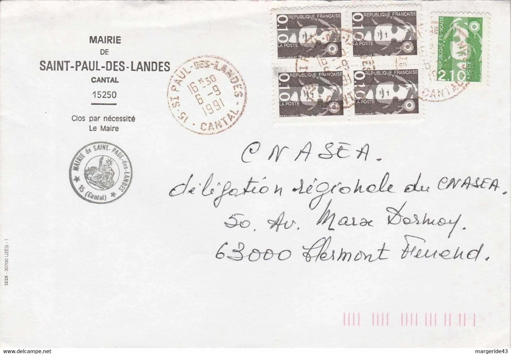 AFFRANCHISSEMENT COMPOSE DE BRIAT SUR LETTRE DE MAIRIE DE SAINT PAUL DES LANDES CANTAL 1991 - 1961-....