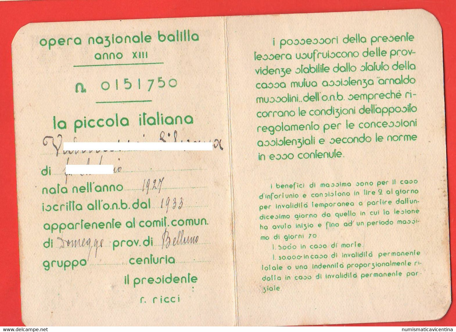 Opera Balilla Tessera Piccola Italiana 1935 Parma ONB Anno XIII° Ventennio - Other & Unclassified
