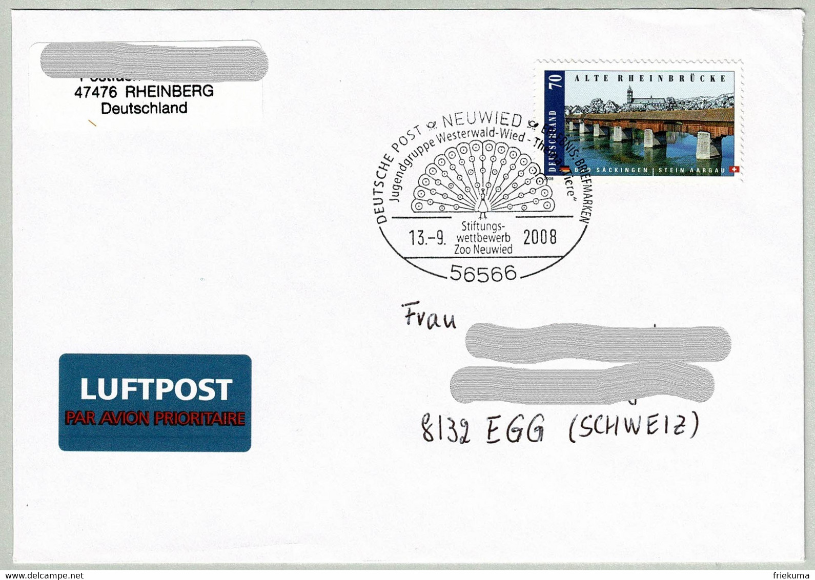Deutschland 2008, Brief Neuwied - Egg (Schweiz), Pfau / Pavo Cristatus, Brücke Bad Säckingen - Stein - Paons