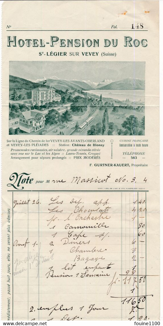 Facture Illustrée Hôtel Pension Du Roc à SAINT LEGIER SUR VEVEY ( Suisse ) Propriétaire GURTNER KAUERT - Schweiz