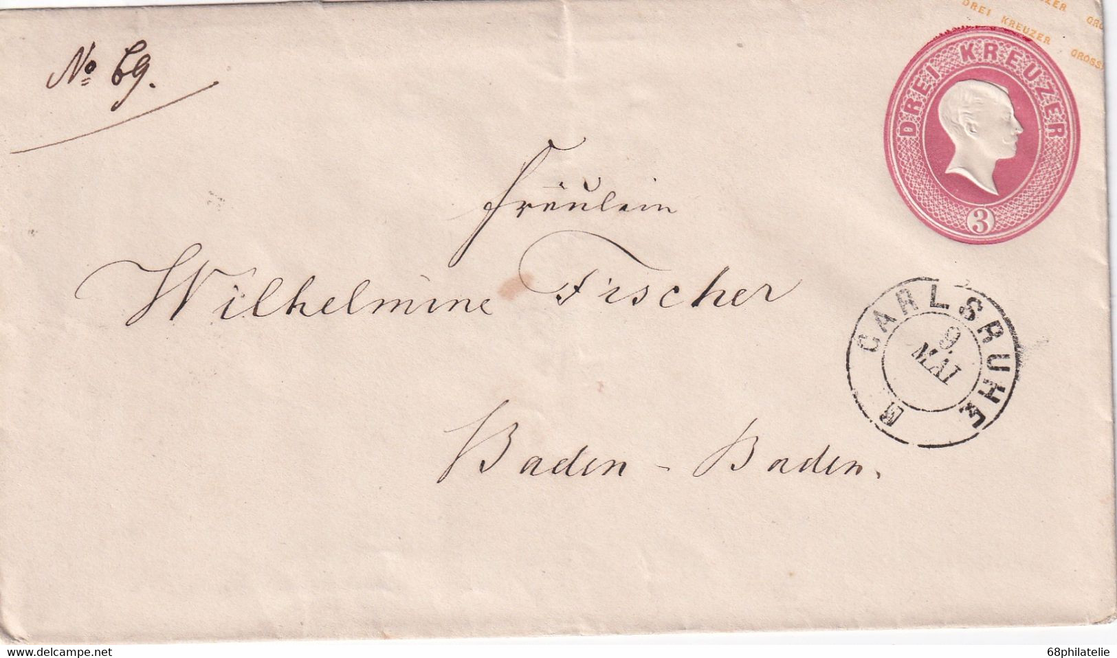 BADEN 1864    ENTIER POSTAL/GANZSACHE/POSTAL STATIONARY LETTRE DE CARLSRUHE - Entiers Postaux