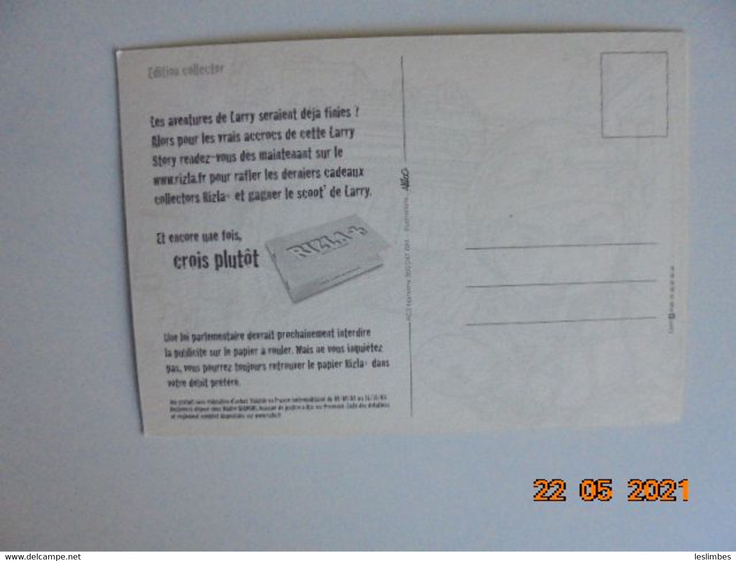 Carte Postale Publicitaire Papier A Rouler Rizla. Et Encore Une Fois, Crois Plutot. Larry Croit Que L'argent C'est...... - Objets Publicitaires