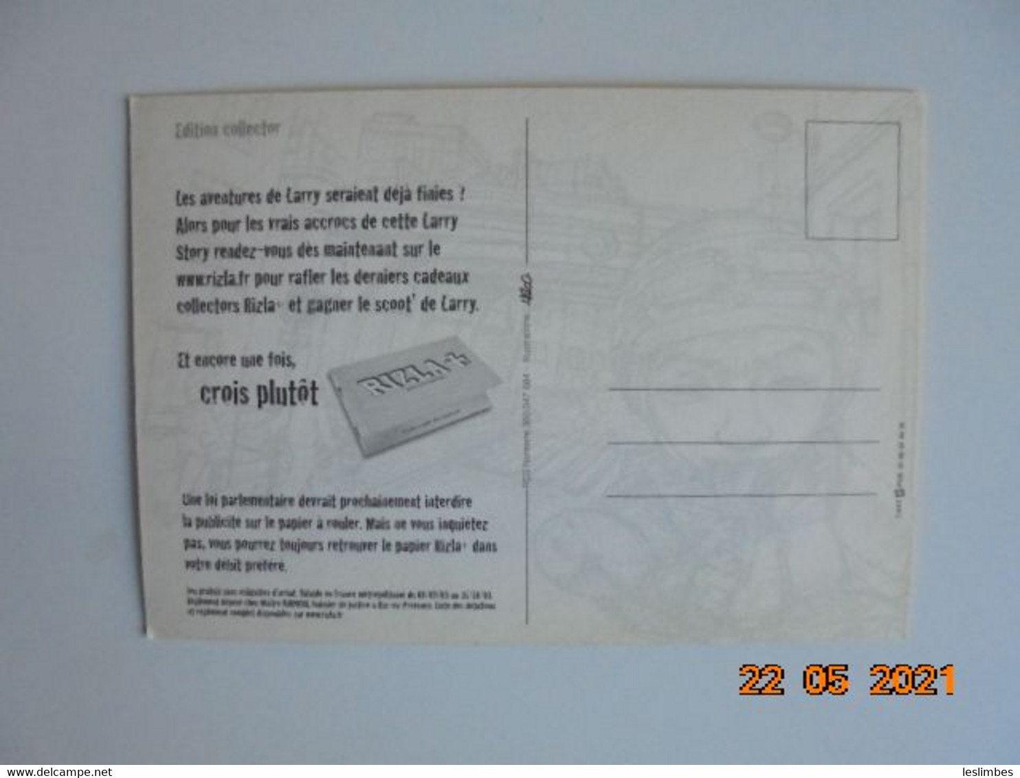 Carte Postale Publicitaire Papier A Rouler Rizla. Et Encore Une Fois, Crois Plutot. Larry Croit Qu'il Peut Allumer Tout - Werbeartikel