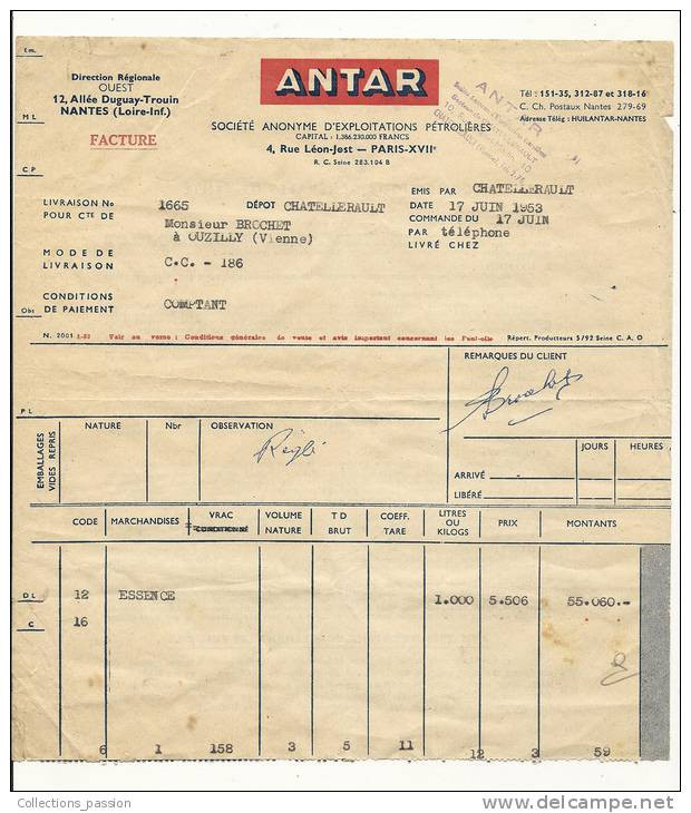 Factures, Antar - Direction Régionale Ouest - Nantes (44) - 1953 - 1950 - ...