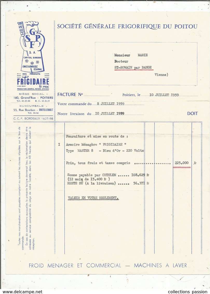 Facture , 1959, FRIGIDAIRE , Sté Gle Frigorifique Du Poitou, Poitiers , Chatellerault , Vienne,  Frais Fr 1.45e - 1950 - ...