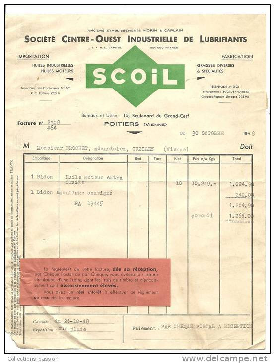 Factures, SCOIL - Poitiers (86) - 1948 - Frais De Port : &euro; 1.55 - 1900 – 1949