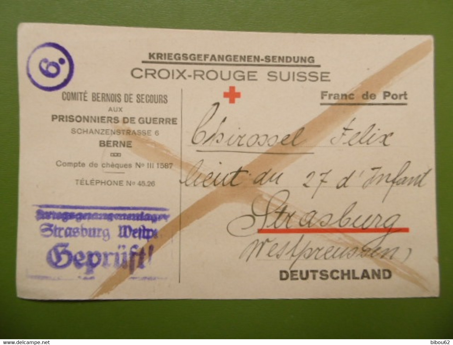CARTE En Franchise Militaire - 1914 - 1918  - Prisonniers De Guerre - BERNE - CROIX ROUGE - SUISSE - Covers & Documents