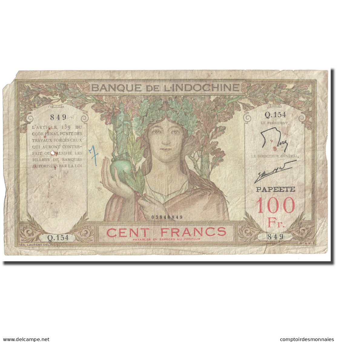 Billet, Tahiti, 100 Francs, Undated (1939-65), KM:14d, B+ - Haïti